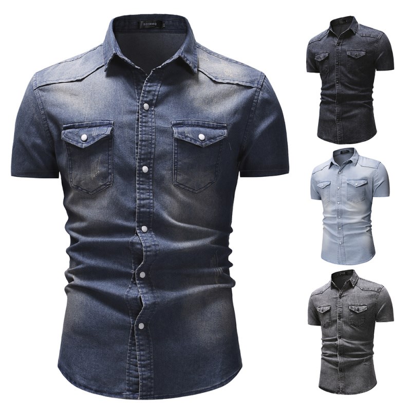 Mens Denim Jean Shirts Men's Cowboy Shirt男士牛仔短袖衬