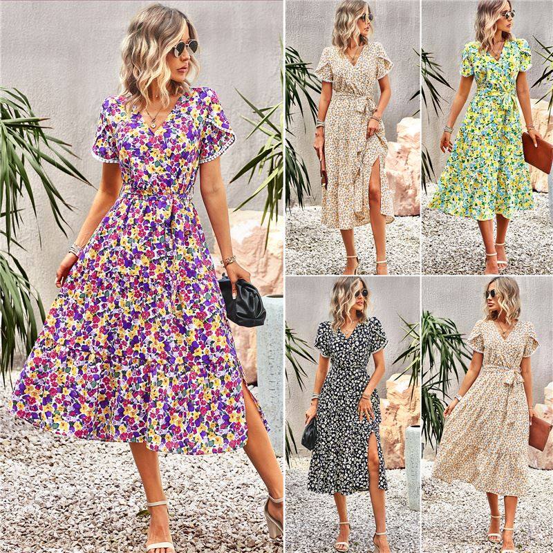 印花裙长裙 2023 Summer lotus leaf sleeve split printed dress