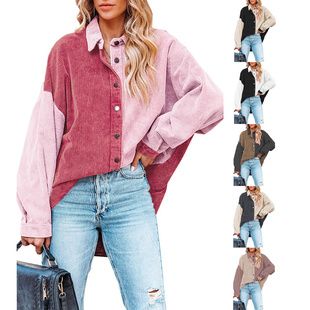 autumn winter women blouse ladies tops秋冬拼色灯芯绒衬衫外套