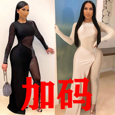 S-3XL大码欧美烫钻透视修