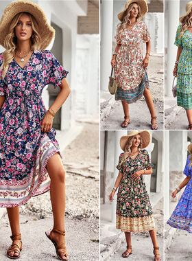 Bohemia V-neck Print A-line Summer Long Dress 印花春夏连衣裙