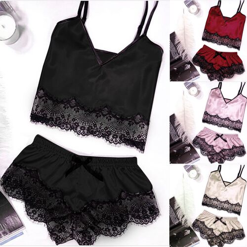 New imitation silk lace trim split pajamas suit