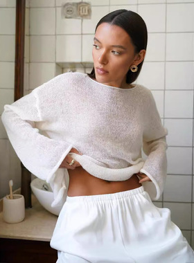 Hollow Knitted Perspective Flare Sleeves Knitted T-shirt