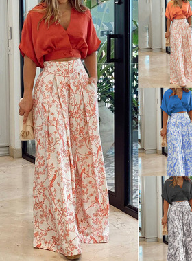 欧美新款印花时尚休闲衬衫套装two-piece set tops wideleg pants