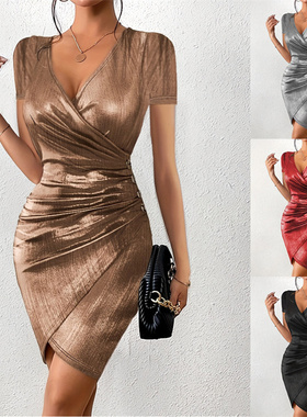 women dinner party dresses ladies skirt性感包臀V领开衩连衣裙