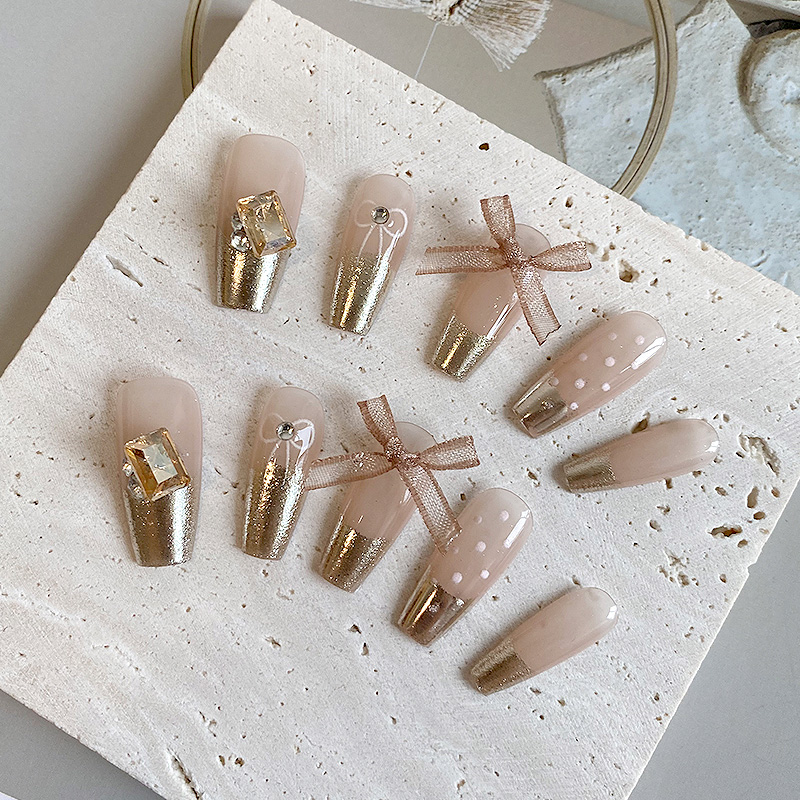 lovefix纯手工穿戴甲法式纯欲冰透裸色金色魔镜粉爆闪冰糖钻甲贴