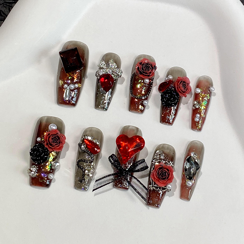 lovefix纯手工穿戴甲长T复古风冰透渐变极光亮片满钻立体玫瑰甲贴