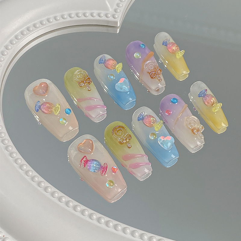 lovefix纯手工穿戴甲中长T灵动甜美风马卡龙色系渐变多彩糖果甲贴