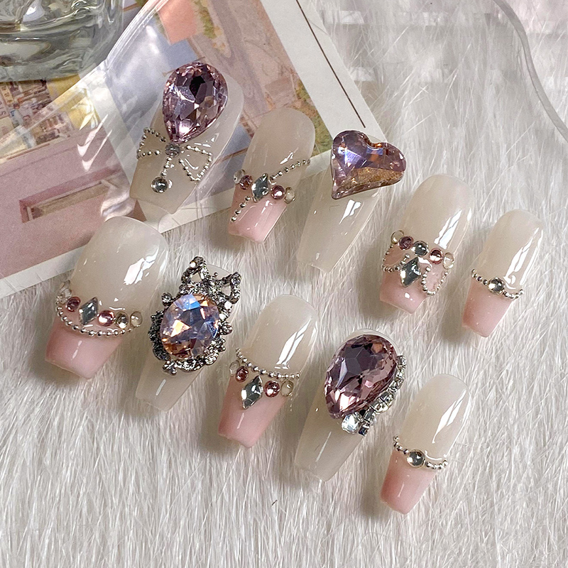 lovefix纯手工穿戴甲中长T法式纯欲冰透裸色爆闪粉钻钢珠链条甲贴