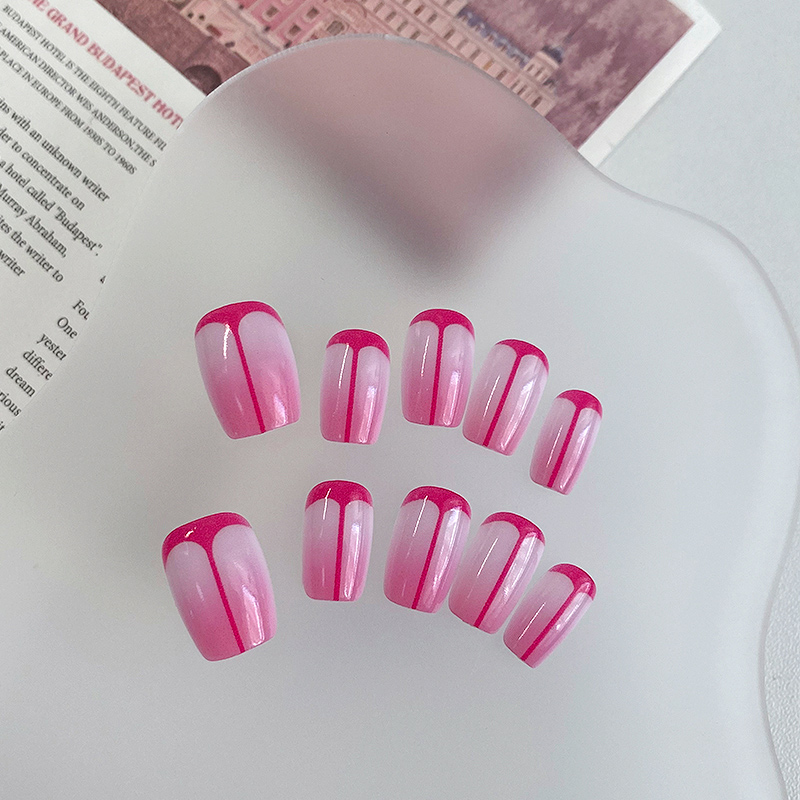 lovefix纯手工穿戴甲短T高级感简约法式玫红线条渐变显白个性甲贴