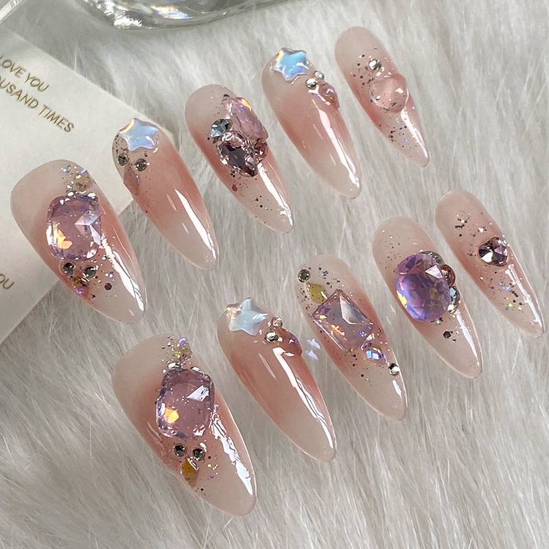 lovefix纯手工穿戴甲长水滴高级感冰透裸粉腮红爆闪钻满钻美甲贴