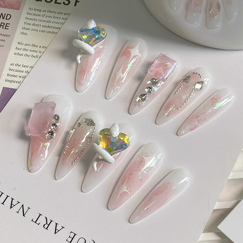 lovefix纯手工穿戴甲长水滴法式纯欲风粉丝晕染极光爱心钻小白蛇