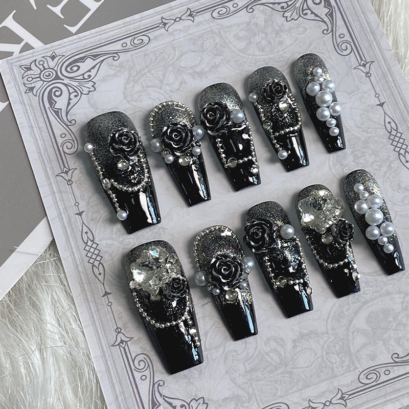 lovefix纯手工穿戴甲中T重工暗黑系银闪渐变爆闪雪花钻带珍珠甲贴