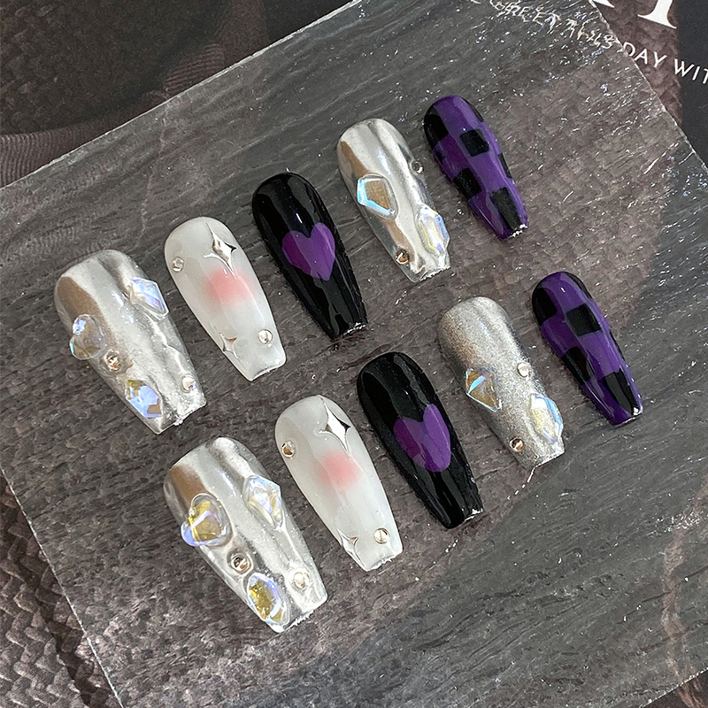 lovefix纯手工穿戴甲中长T黑紫格子魔镜粉腮红带钻显白个性美甲贴