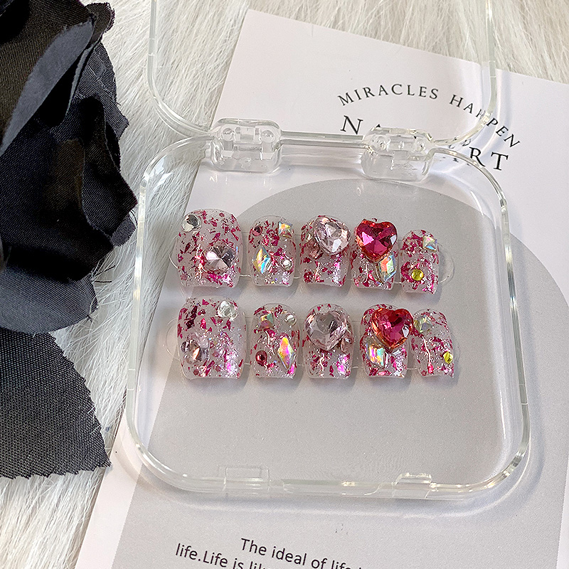 lovefix纯手工穿戴甲短T高级感富贵千金爆闪亮片爱心钻全钻美甲贴