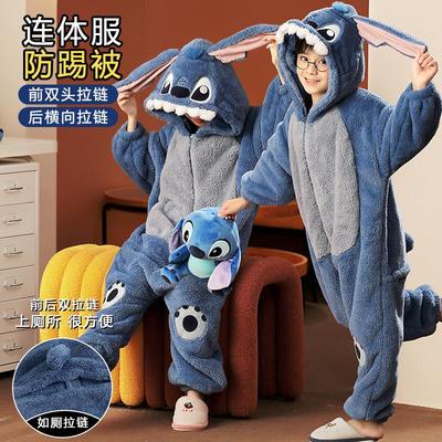 儿童连体睡衣秋冬季2025新款珊瑚绒史迪仔男童女童法兰绒家居服