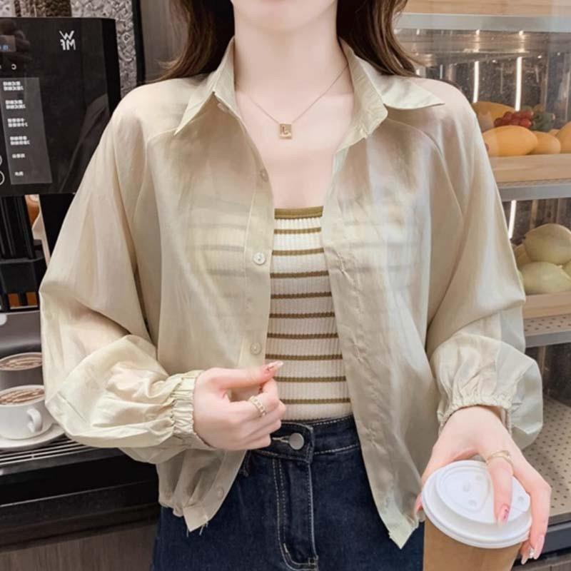 法式天丝衬衫女薄款夏季小个子宽松抽绳短款开衫上衣防晒衬衣外套