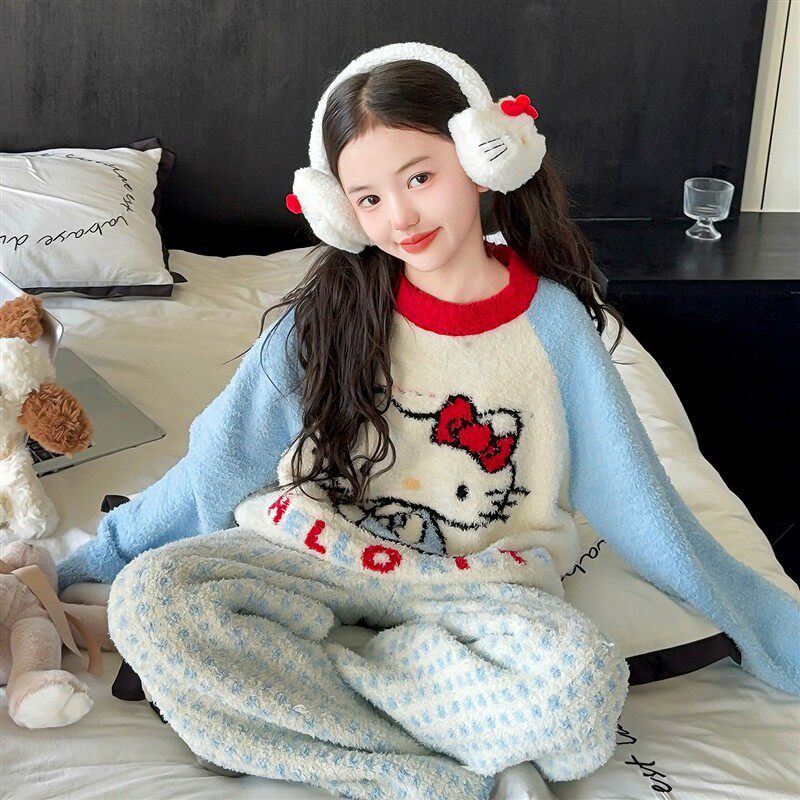 女童珊瑚绒睡衣2026新款女孩半边绒发热衣裤初中生冬季加厚家居服