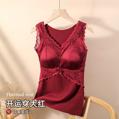 秋冬德绒保暖背心女固定杯蕾丝美背内衣胸垫上衣打底文胸保暖背心
