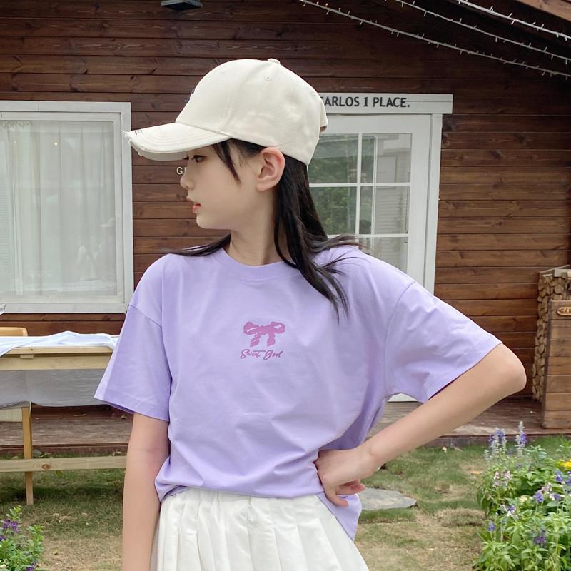 夏季女童t恤短袖纯棉中大童凉感洋气儿童体恤半袖圆领宽松紫色新