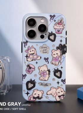 灰岛 蓝色小熊双层印花磨砂手机壳 原创设计 适用于苹果iPhone16 15 14 13 Pro Max 可爱少女心ins风有趣高级