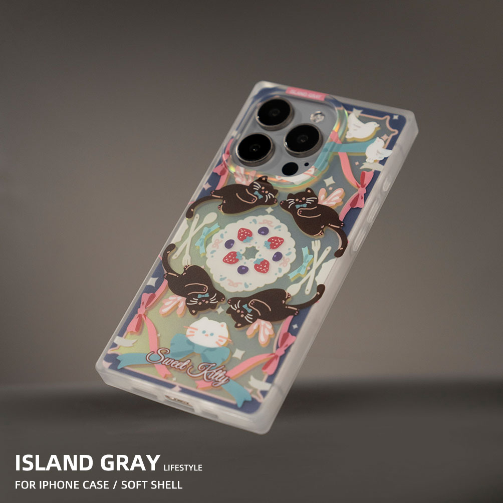 灰岛 蛋糕猫咪方形手机壳 原创设计双层印花 适用于iPhone16 15 14 Pro Max 创意艺术 甜美可爱 少女心小清新