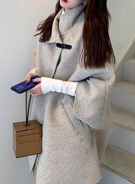 亚马逊爆款女装日系大衣秋冬新韩版女装休闲中长款毛呢外套斗篷式