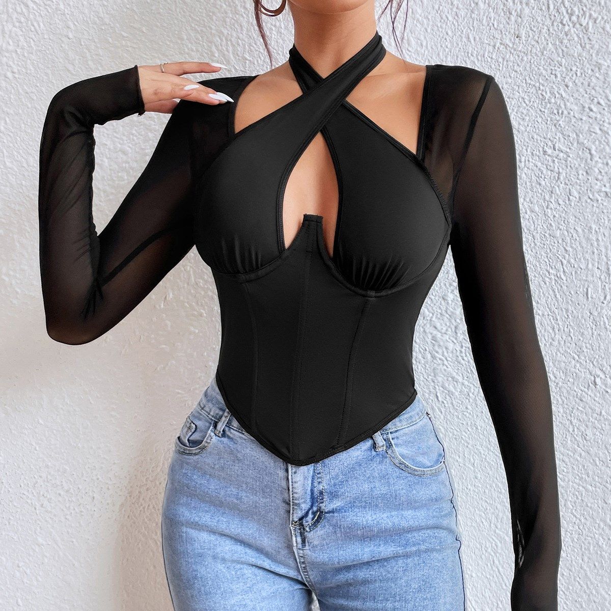 辣妹长袖t恤欧美钢圈鱼骨束腰上衣女 Fishbone Waist Top women
