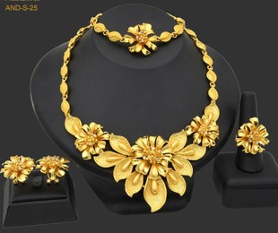 24K gold jewelry set African Bride Wedding Necklace Ring ear