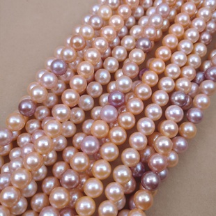 彩色8 9mm圆形混彩色糖果色天然淡水珍珠项链半成品diy手工配材料