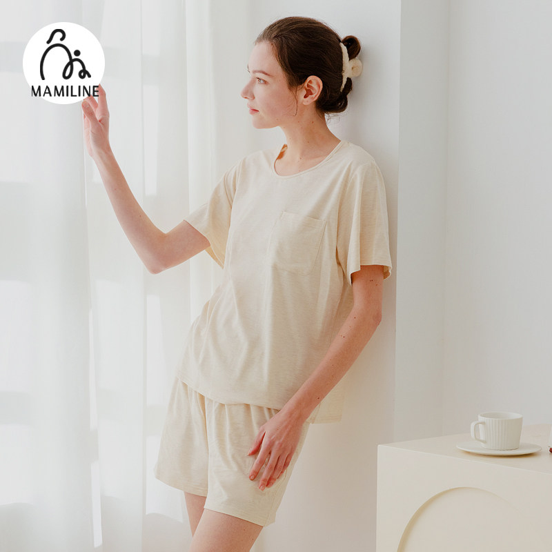 MAMILINE竹棉纱睡衣女家居服女孕妇睡衣素色短袖短裤夏季薄款
