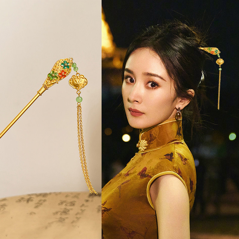 金色平安锁流苏发簪新中式国风气质旗袍发饰轻奢高级感簪子头饰女