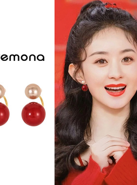 红色复古气质珍珠款耳钉S925银针轻奢高级感耳环独特漂亮新年耳饰