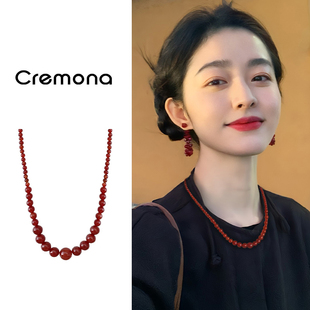 红色串珠项链女款复古精致高级感锁骨链2025新款轻奢小众百搭配饰