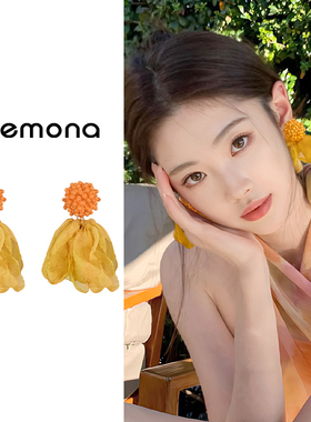 黄色夸张花朵耳夹女小众独特仙气大耳环耳坠海边度假风无耳洞耳饰