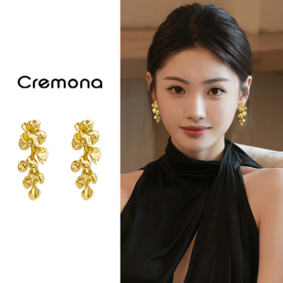 金色叶子流苏螺旋耳夹无耳洞女新款耳环复古气质绝美长款耳坠耳饰