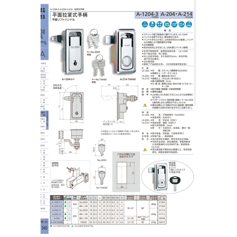。平面拉紧式手柄A-1204-3-2 A-204-3-1/2 A-204 A-214-TAK60