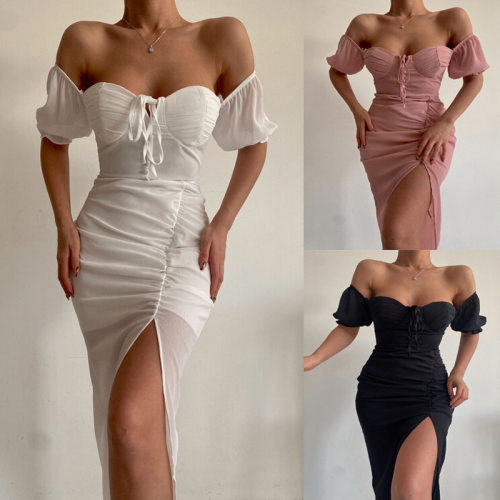Ruffle Split Long Dress Female Sexy Slim荷叶边开叉长裙女性感
