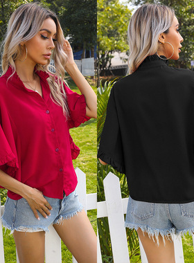 Top Fashion Solid Color Ruffled Shirt上衣时尚纯色荷叶边衬衫