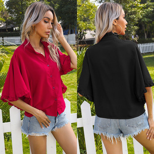 Top Fashion Solid Color Ruffled Shirt上衣时尚纯色荷叶边衬衫