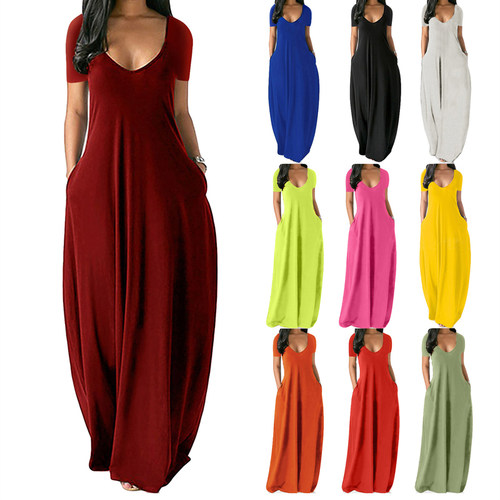 Fashion Pocket V-Neck Female Loose Dress 时尚V领女宽松连衣裙
