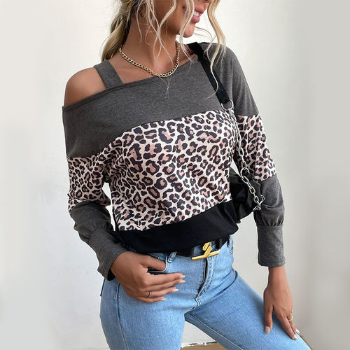 loose t-shirt leopard print one shoulder top宽松t恤豹纹上衣