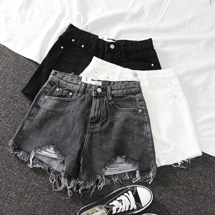 Loose hole high waisted denim shorts宽松破洞高腰女式牛仔短裤