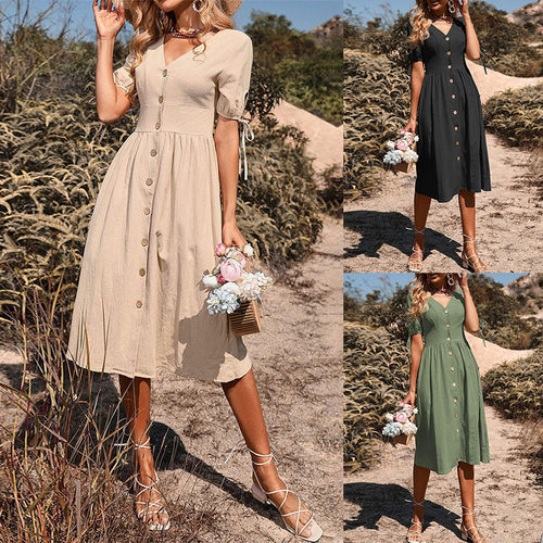 Fashion solid color mid-length dress时尚纯色中长款连衣裙女式