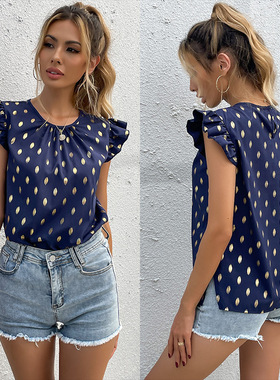 Ruffled crew neck polka-dot blue shirt荷叶边圆领波点蓝色衬衫