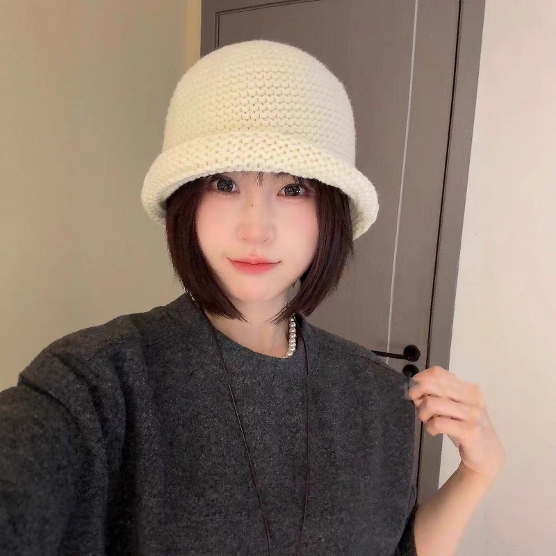2025新款粗线针织卷边渔夫帽女秋冬保暖毛线帽素颜遮脸盆帽显脸小