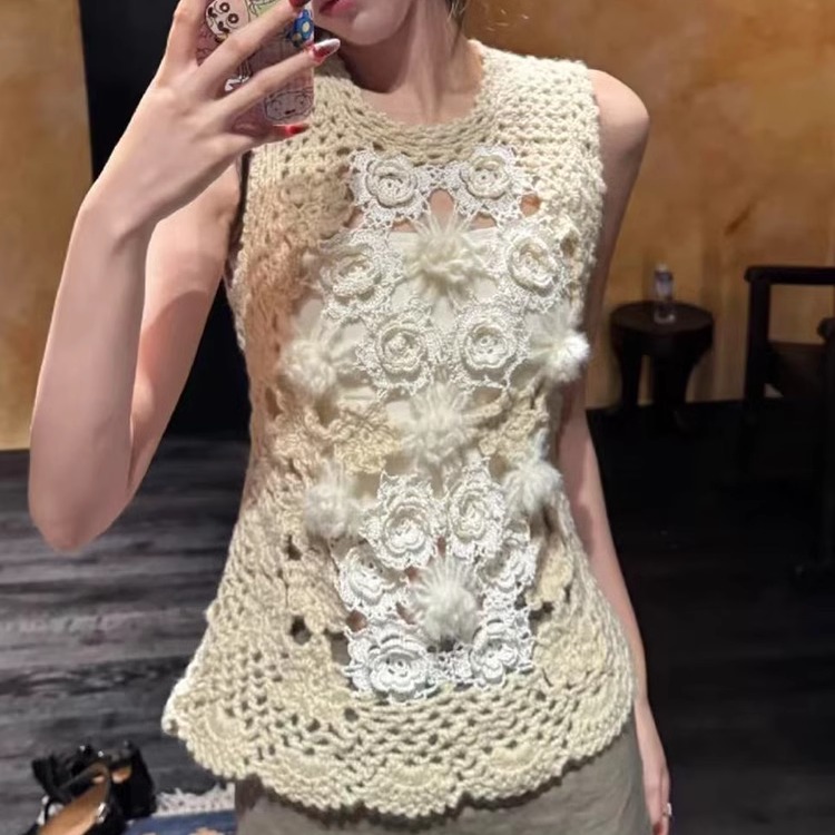 绝美设计纯手工钩花立体花朵背心