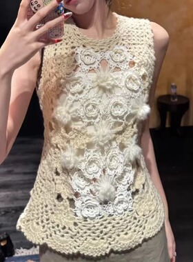 TE swa绝美设计纯手工钩花镂空立体花朵针织背心ying拼接羊毛上衣