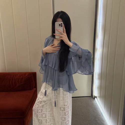 设计感荷叶边系带真丝衬衫上衣女