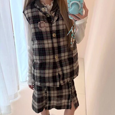 复古格纹羊毛保暖叠穿坎肩马甲